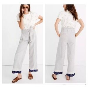 NEW Plus Sz 24 MADEWELL Cotton Blue Striped Ankle Pant‎ with Trim Tie Waist